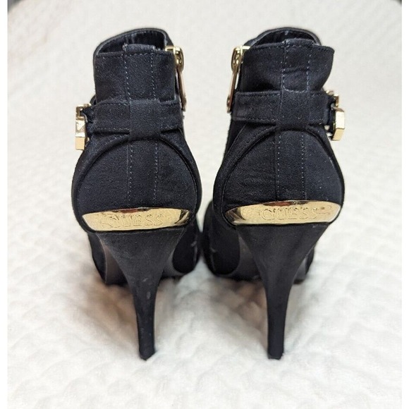 Guess Black Heel Booties Suede Ankle Boots Booties Stiletto Gold Logo Buckle 6.5 - Picture 5 of 9